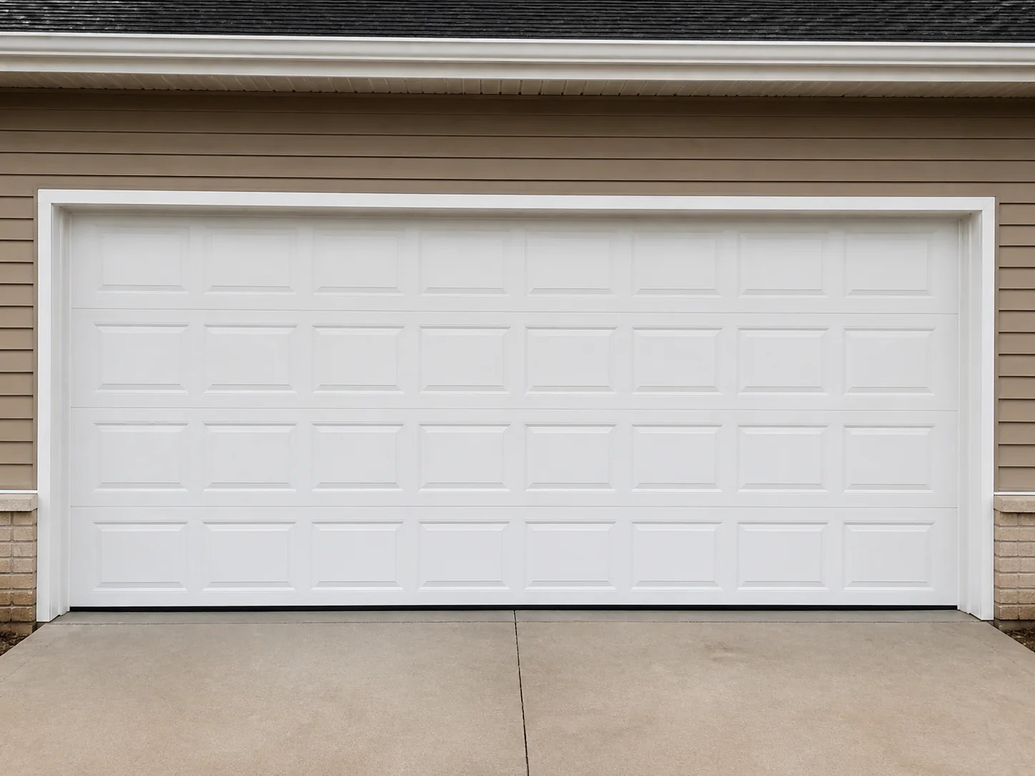 Newly installed white residential garage door